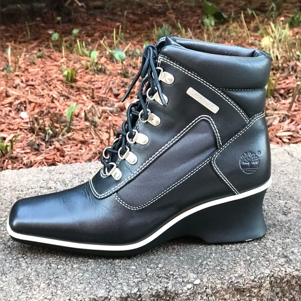 TIMBERLAND Hill Wedge Ankle Boots Size 5.5 Leather lace-up Black with White trim - Picture 6 of 16